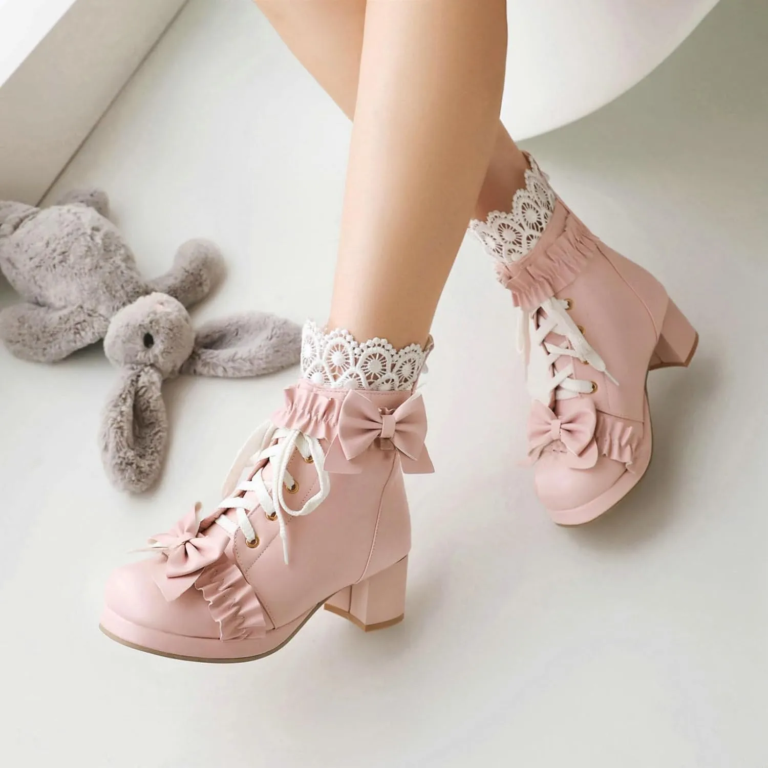 KiutSymo Women's Kawaii Lolita Boots - Chunky Heel, Ankle Boots with Bow, Lace Up, Platform, Mary Janes - Cosplay, Winter Shoes - Black