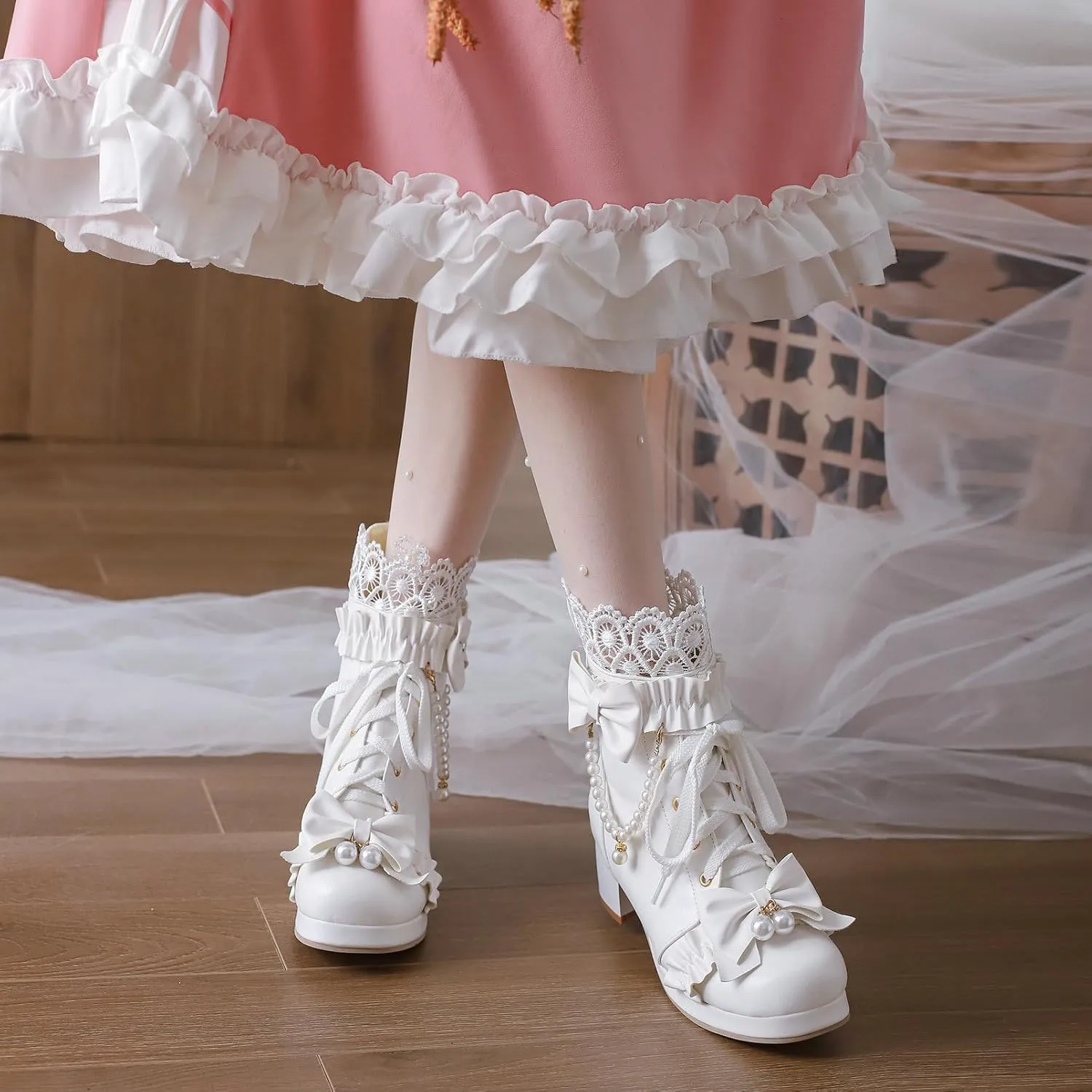 KiutSymo Women's Kawaii Lolita Boots - Chunky Heel, Ankle Boots with Bow, Lace Up, Platform, Mary Janes - Cosplay, Winter Shoes - Black