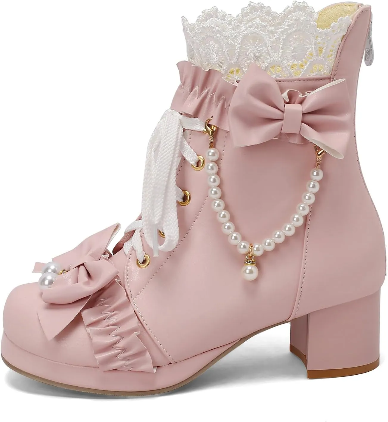 KiutSymo Women's Kawaii Lolita Boots - Chunky Heel, Ankle Boots with Bow, Lace Up, Platform, Mary Janes - Cosplay, Winter Shoes - Black
