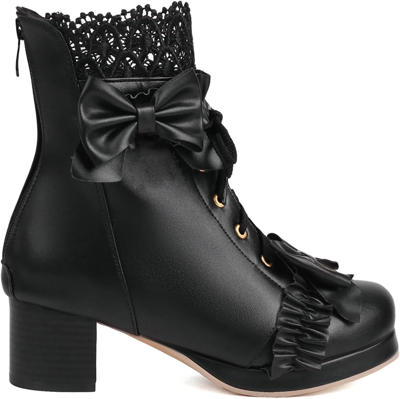 KiutSymo Women's Kawaii Lolita Boots - Chunky Heel, Ankle Boots with Bow, Lace Up, Platform, Mary Janes - Cosplay, Winter Shoes - Black