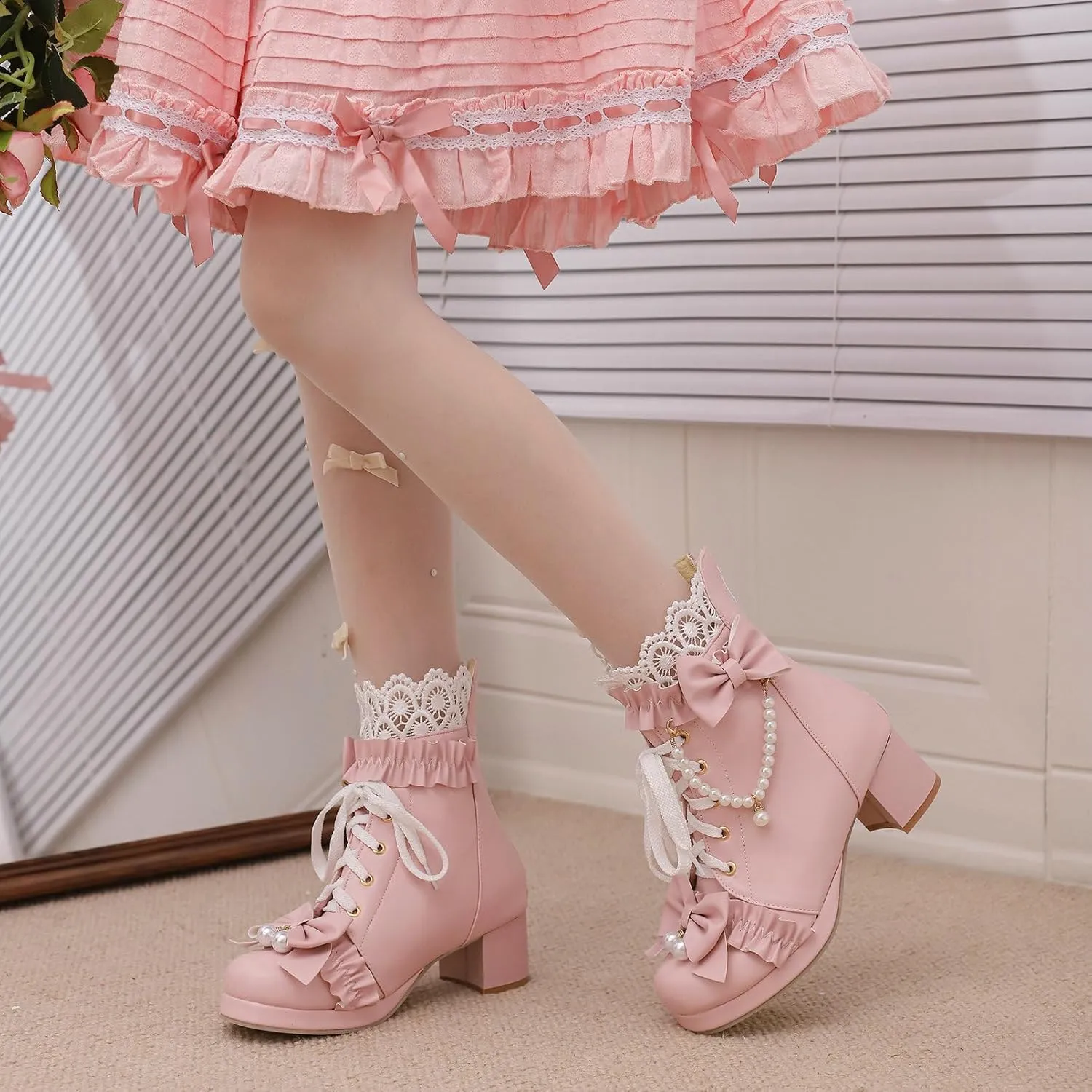 KiutSymo Women's Kawaii Lolita Boots - Chunky Heel, Ankle Boots with Bow, Lace Up, Platform, Mary Janes - Cosplay, Winter Shoes - Black