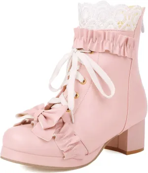 KiutSymo Women's Kawaii Lolita Boots - Chunky Heel, Ankle Boots with Bow, Lace Up, Platform, Mary Janes - Cosplay, Winter Shoes - Black