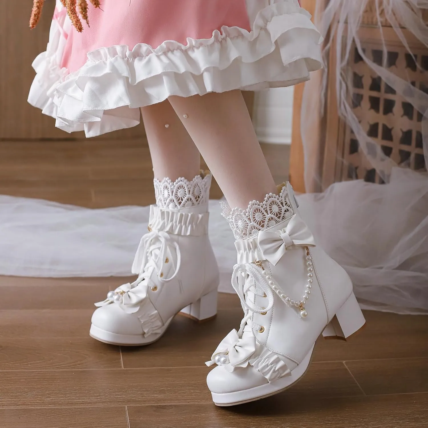 KiutSymo Women's Kawaii Lolita Boots - Chunky Heel, Ankle Boots with Bow, Lace Up, Platform, Mary Janes - Cosplay, Winter Shoes - Black