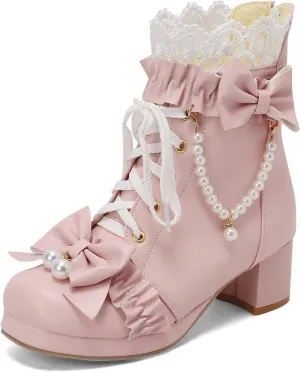 KiutSymo Women's Kawaii Lolita Boots - Chunky Heel, Ankle Boots with Bow, Lace Up, Platform, Mary Janes - Cosplay, Winter Shoes - Black