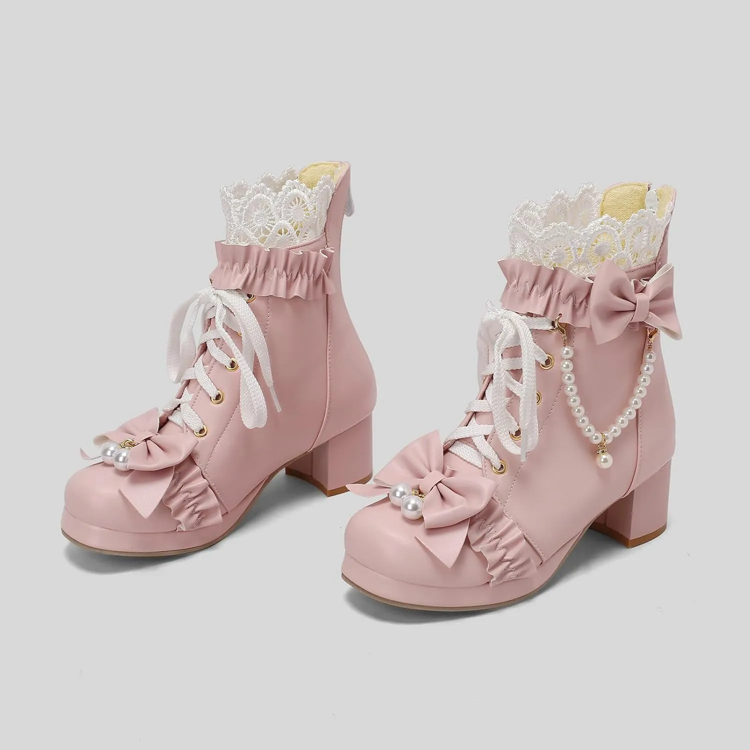 KiutSymo Women's Kawaii Lolita Boots - Chunky Heel, Ankle Boots with Bow, Lace Up, Platform, Mary Janes - Cosplay, Winter Shoes - Black