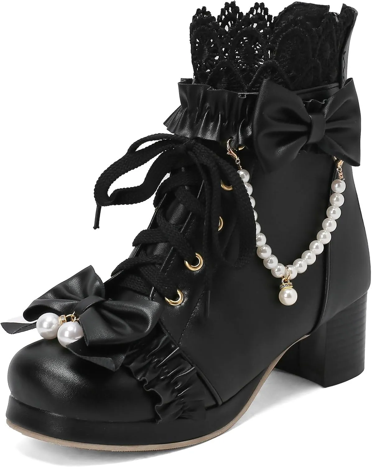 KiutSymo Women's Kawaii Lolita Boots - Chunky Heel, Ankle Boots with Bow, Lace Up, Platform, Mary Janes - Cosplay, Winter Shoes - Black