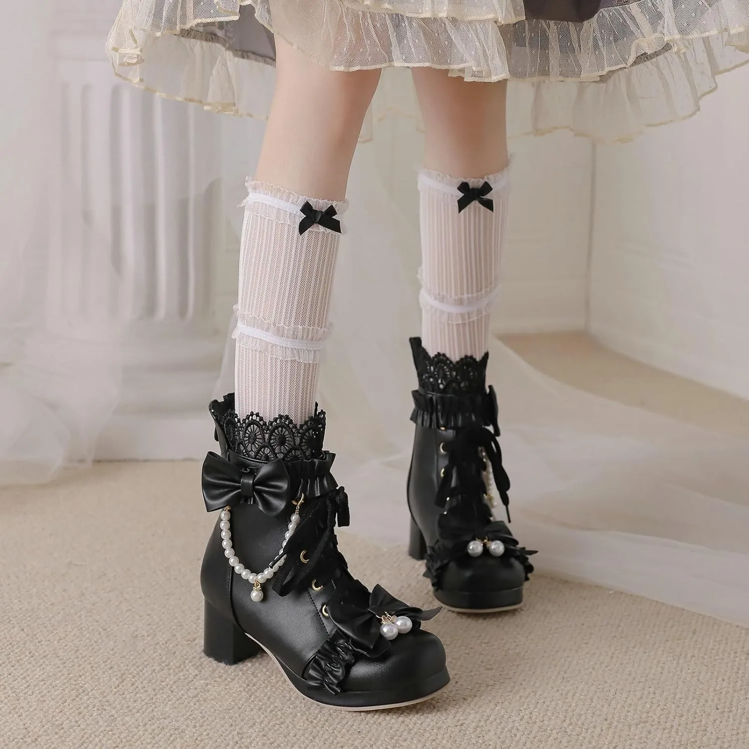 KiutSymo Women's Kawaii Lolita Boots - Chunky Heel, Ankle Boots with Bow, Lace Up, Platform, Mary Janes - Cosplay, Winter Shoes - Black