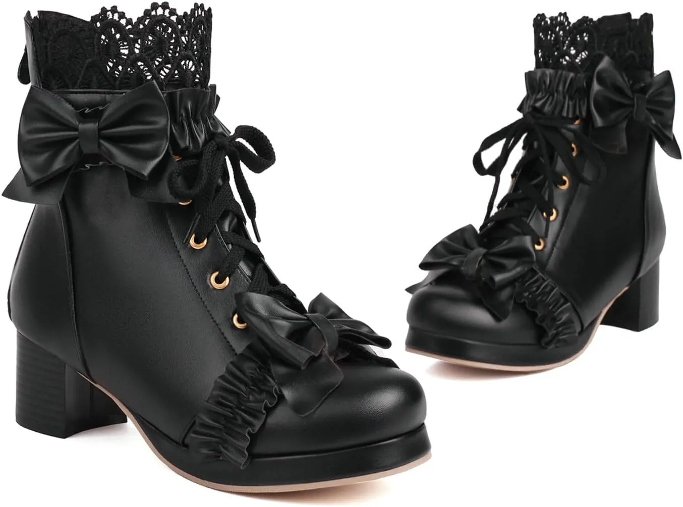 KiutSymo Women's Kawaii Lolita Boots - Chunky Heel, Ankle Boots with Bow, Lace Up, Platform, Mary Janes - Cosplay, Winter Shoes - Black