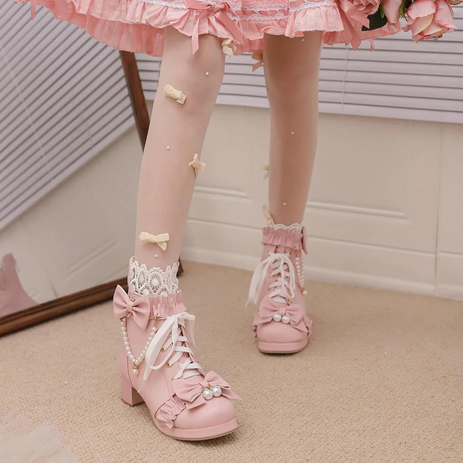 KiutSymo Women's Kawaii Lolita Boots - Chunky Heel, Ankle Boots with Bow, Lace Up, Platform, Mary Janes - Cosplay, Winter Shoes - Black