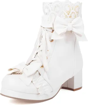 KiutSymo Women's Kawaii Lolita Boots - Chunky Heel, Ankle Boots with Bow, Lace Up, Platform, Mary Janes - Cosplay, Winter Shoes - Black