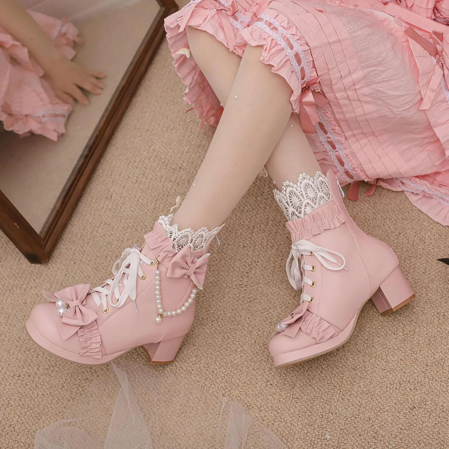 KiutSymo Women's Kawaii Lolita Boots - Chunky Heel, Ankle Boots with Bow, Lace Up, Platform, Mary Janes - Cosplay, Winter Shoes - Black