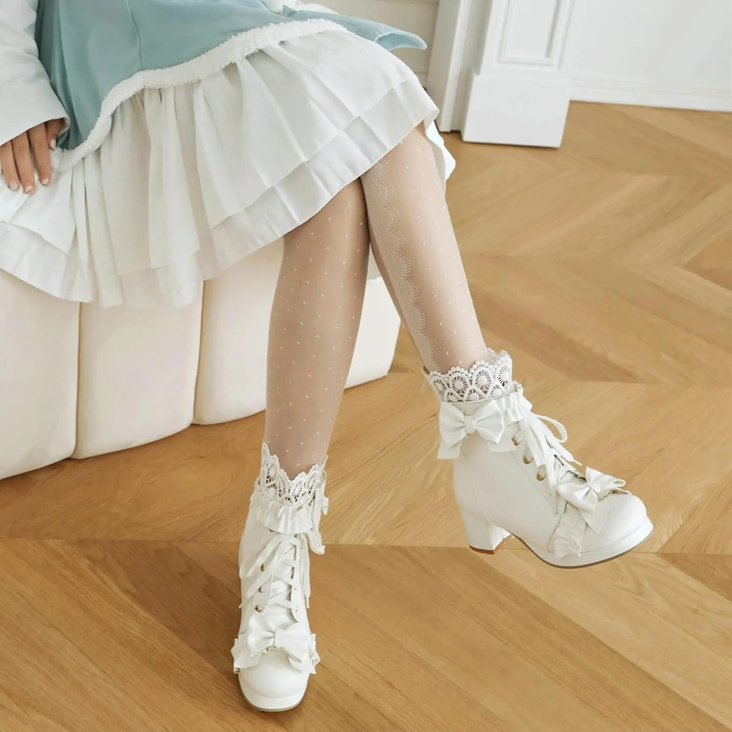 KiutSymo Women's Kawaii Lolita Boots - Chunky Heel, Ankle Boots with Bow, Lace Up, Platform, Mary Janes - Cosplay, Winter Shoes - Black