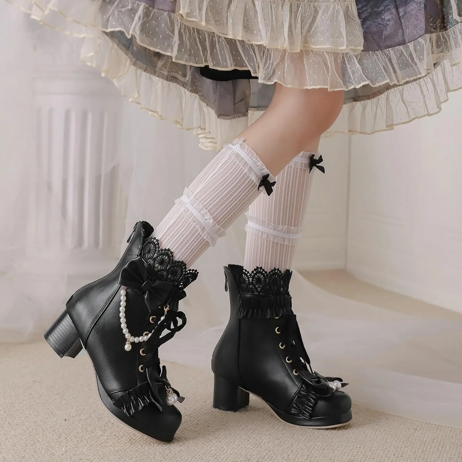 KiutSymo Women's Kawaii Lolita Boots - Chunky Heel, Ankle Boots with Bow, Lace Up, Platform, Mary Janes - Cosplay, Winter Shoes - Black