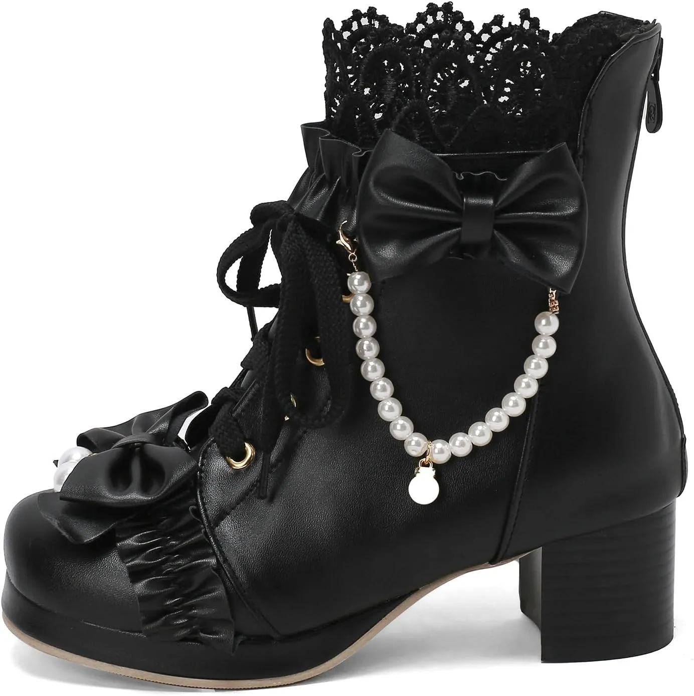 KiutSymo Women's Kawaii Lolita Boots - Chunky Heel, Ankle Boots with Bow, Lace Up, Platform, Mary Janes - Cosplay, Winter Shoes - Black