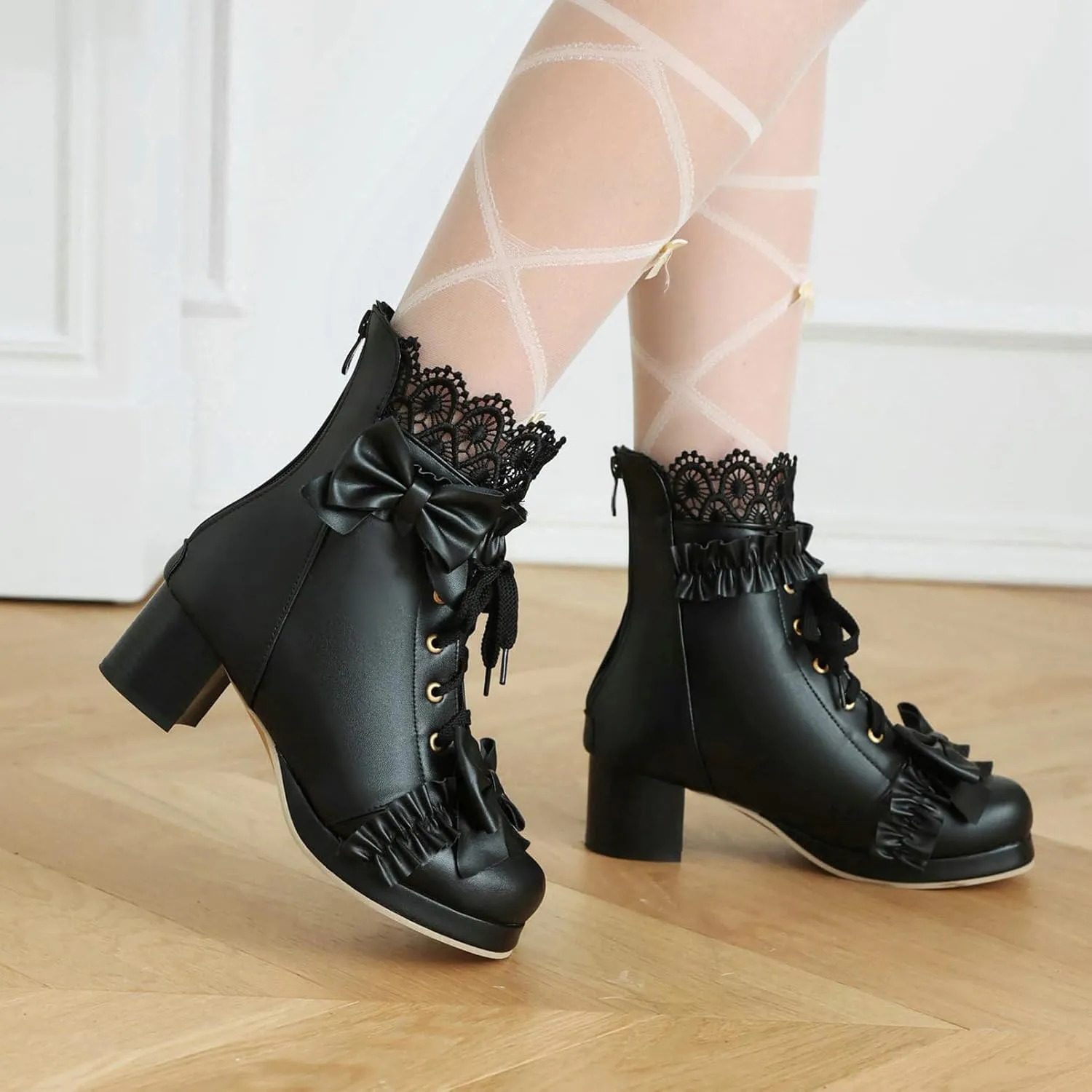 KiutSymo Women's Kawaii Lolita Boots - Chunky Heel, Ankle Boots with Bow, Lace Up, Platform, Mary Janes - Cosplay, Winter Shoes - Black