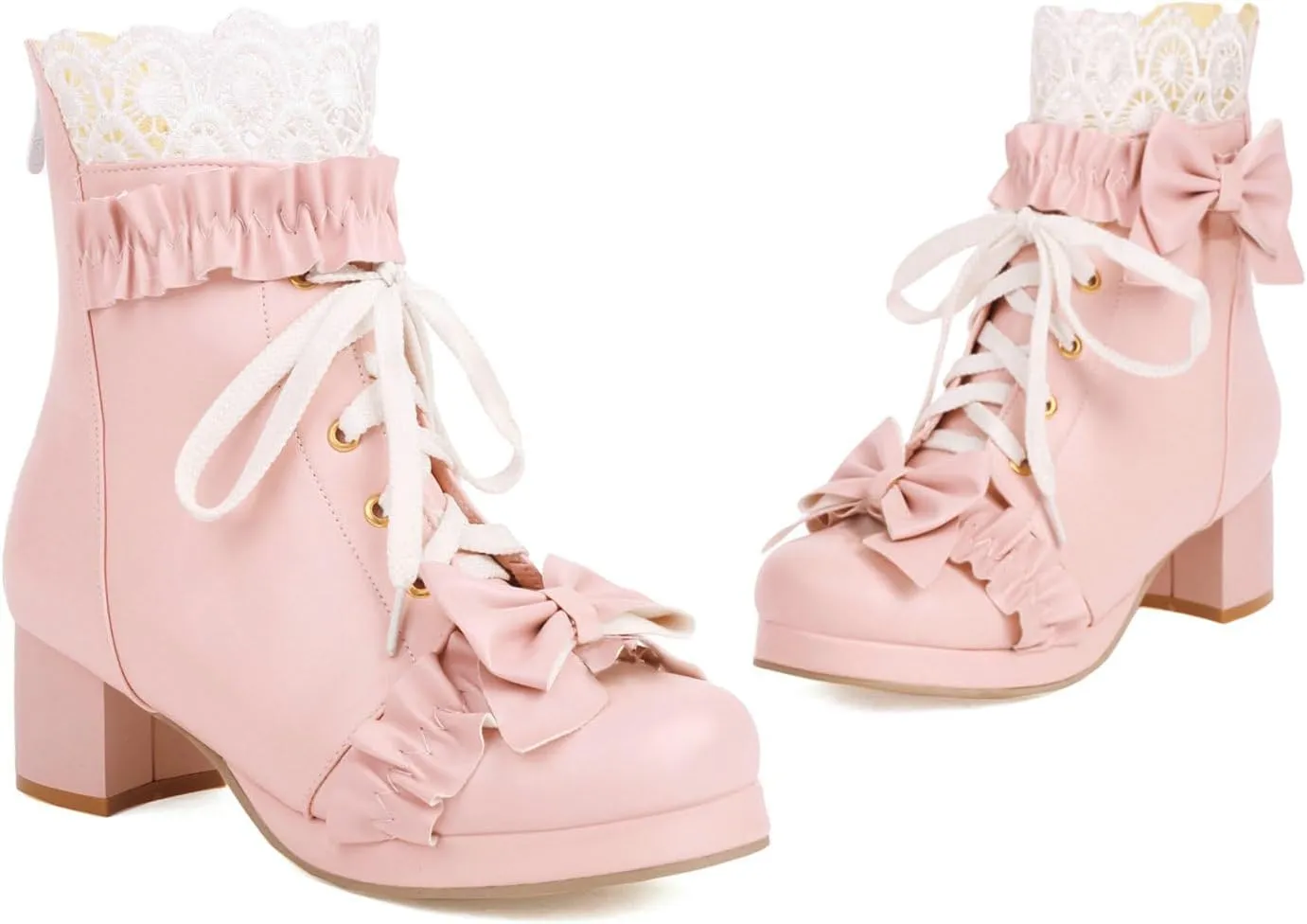 KiutSymo Women's Kawaii Lolita Boots - Chunky Heel, Ankle Boots with Bow, Lace Up, Platform, Mary Janes - Cosplay, Winter Shoes - Black