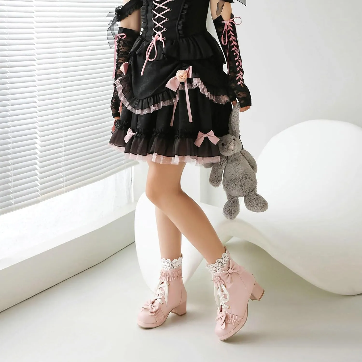 KiutSymo Women's Kawaii Lolita Boots - Chunky Heel, Ankle Boots with Bow, Lace Up, Platform, Mary Janes - Cosplay, Winter Shoes - Black