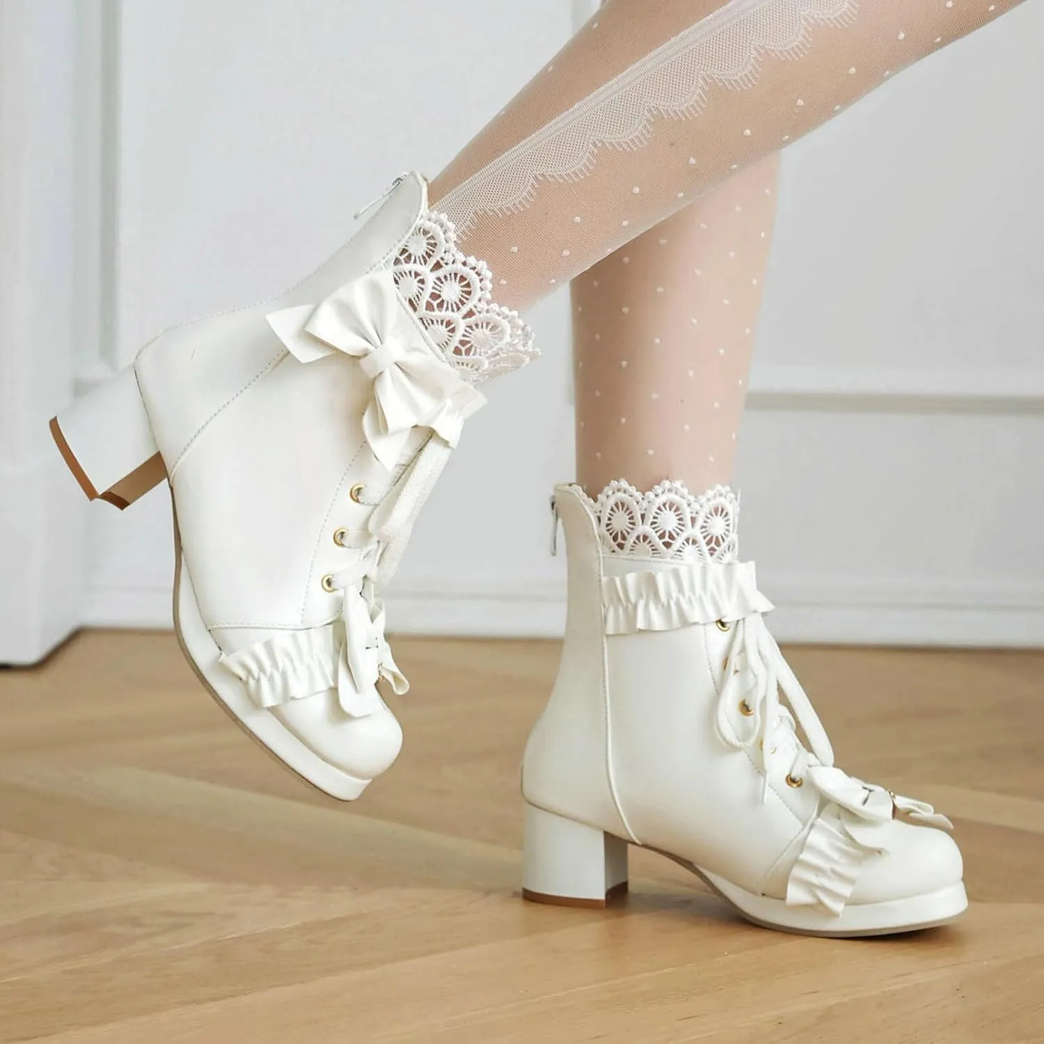 KiutSymo Women's Kawaii Lolita Boots - Chunky Heel, Ankle Boots with Bow, Lace Up, Platform, Mary Janes - Cosplay, Winter Shoes - Black