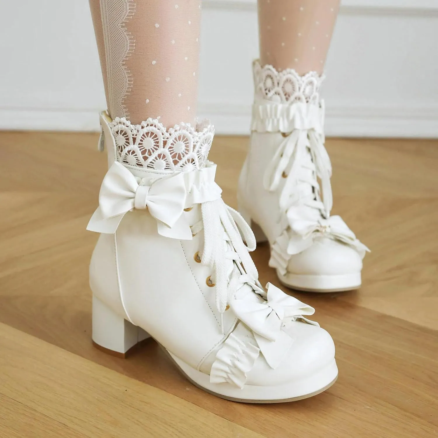 KiutSymo Women's Kawaii Lolita Boots - Chunky Heel, Ankle Boots with Bow, Lace Up, Platform, Mary Janes - Cosplay, Winter Shoes - Black