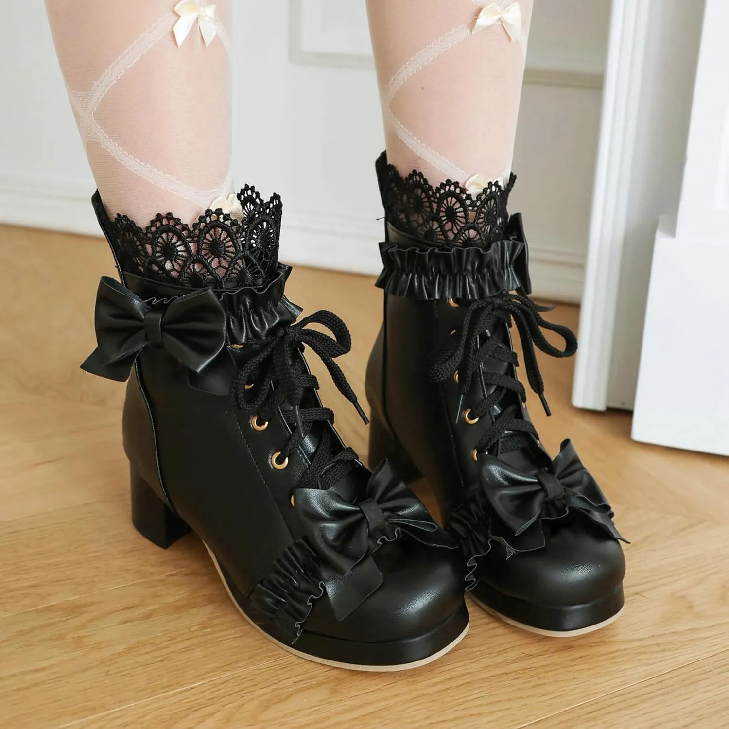 KiutSymo Women's Kawaii Lolita Boots - Chunky Heel, Ankle Boots with Bow, Lace Up, Platform, Mary Janes - Cosplay, Winter Shoes - Black