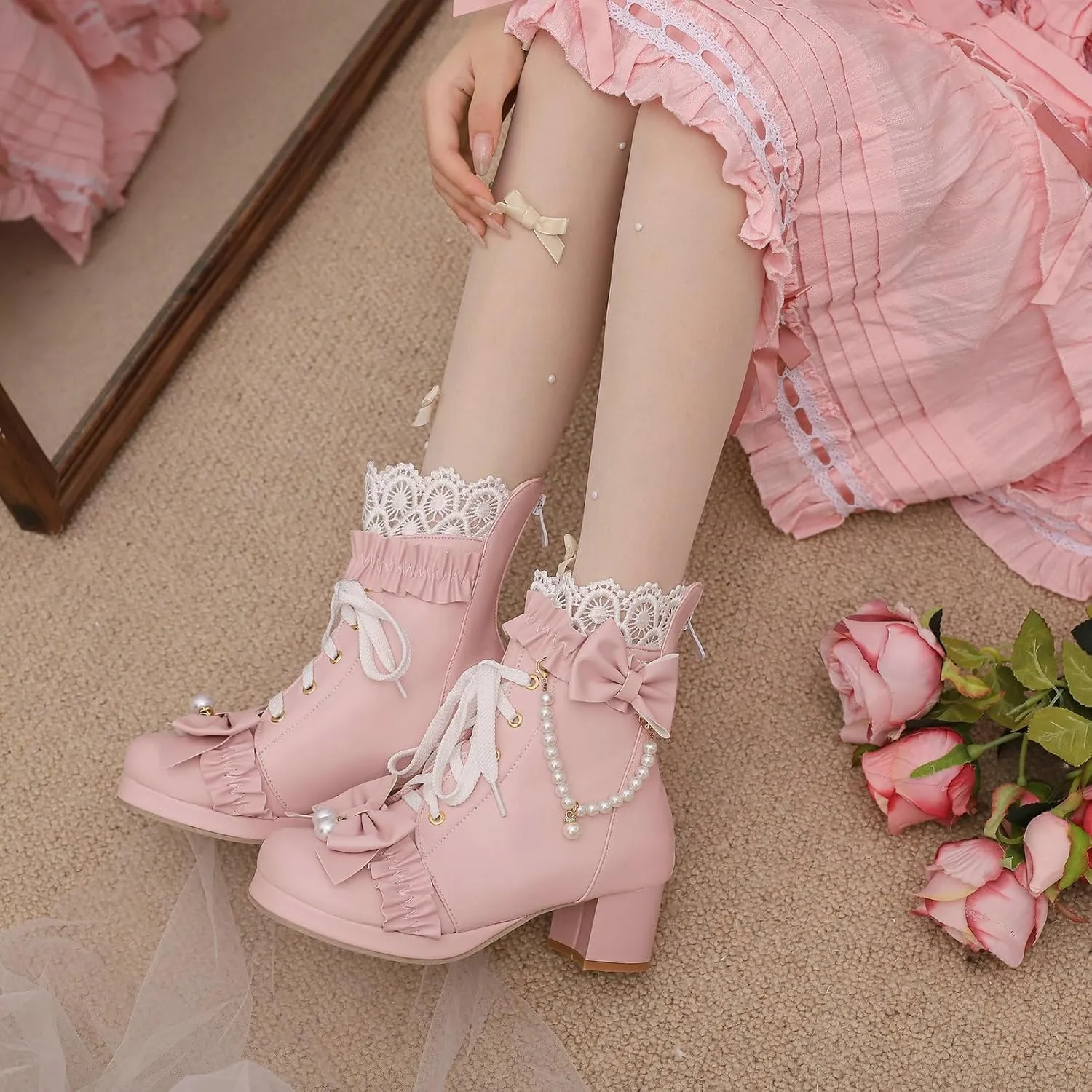 KiutSymo Women's Kawaii Lolita Boots - Chunky Heel, Ankle Boots with Bow, Lace Up, Platform, Mary Janes - Cosplay, Winter Shoes - Black