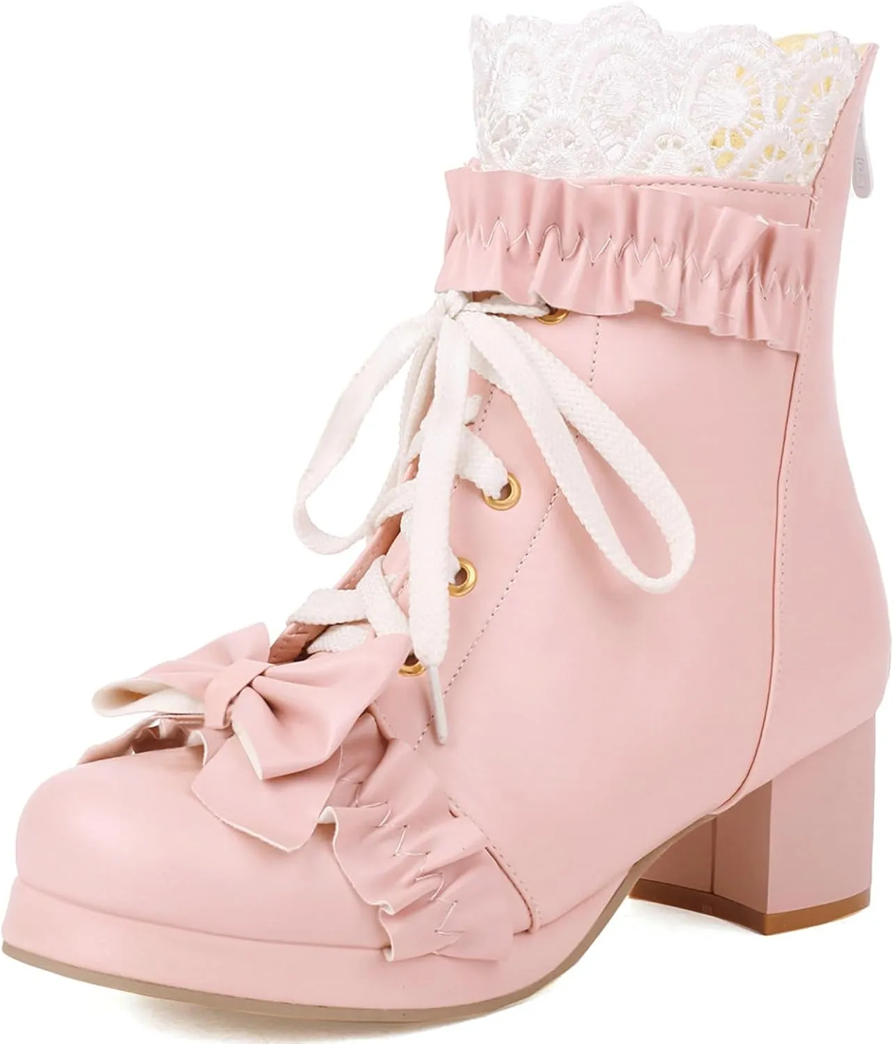KiutSymo Women's Kawaii Lolita Boots - Chunky Heel, Ankle Boots with Bow, Lace Up, Platform, Mary Janes - Cosplay, Winter Shoes - Black