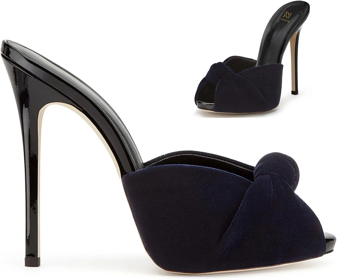 LEHOOR Women Stiletto Heel Mules Platform Bow Round Open Toe Slip On Mule Sandals Velvet Cute 5 Inch Thin High Heels Peep Toe Stilettos Backless Sandal Heels Dress Evening Party 5-12 M US