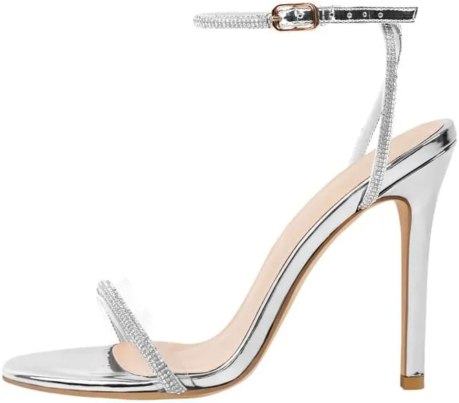 LISHAN Women's Ankle Buckle Slingback High Heels Sparkly Diamante PVC Single Band Sandals