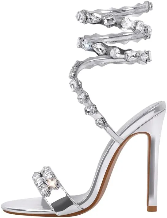 LISHAN Women's Diamante Rhinestones Studded Stilettos Ankle Wrap High Heels
