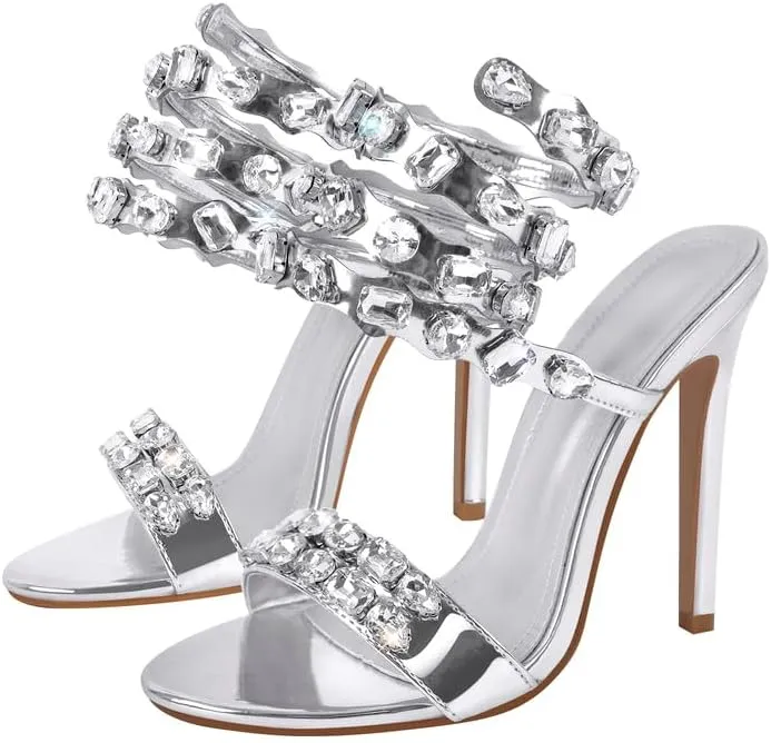 LISHAN Women's Diamante Rhinestones Studded Stilettos Ankle Wrap High Heels