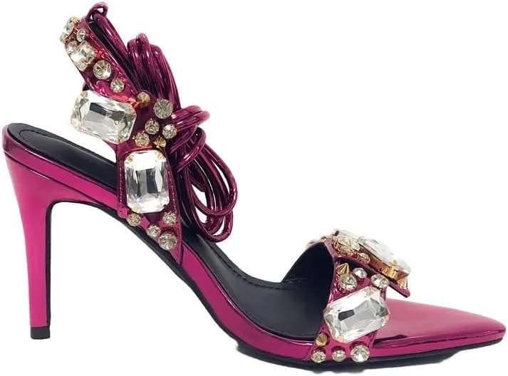LISHAN Women's Rhinestones Studded Ankle Strappy Pointed Toe High Heels Lace Up Heeled Sandals