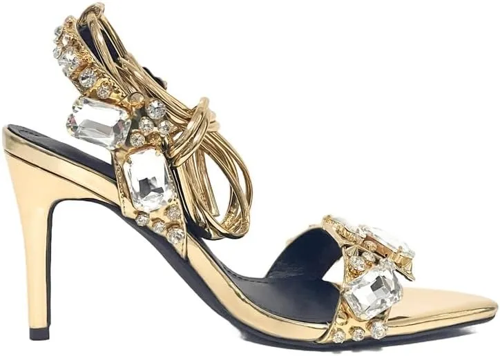 LISHAN Women's Rhinestones Studded Ankle Strappy Pointed Toe High Heels Lace Up Heeled Sandals