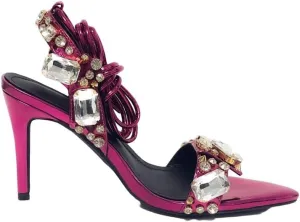 LISHAN Women's Rhinestones Studded Ankle Strappy Pointed Toe High Heels Lace Up Heeled Sandals