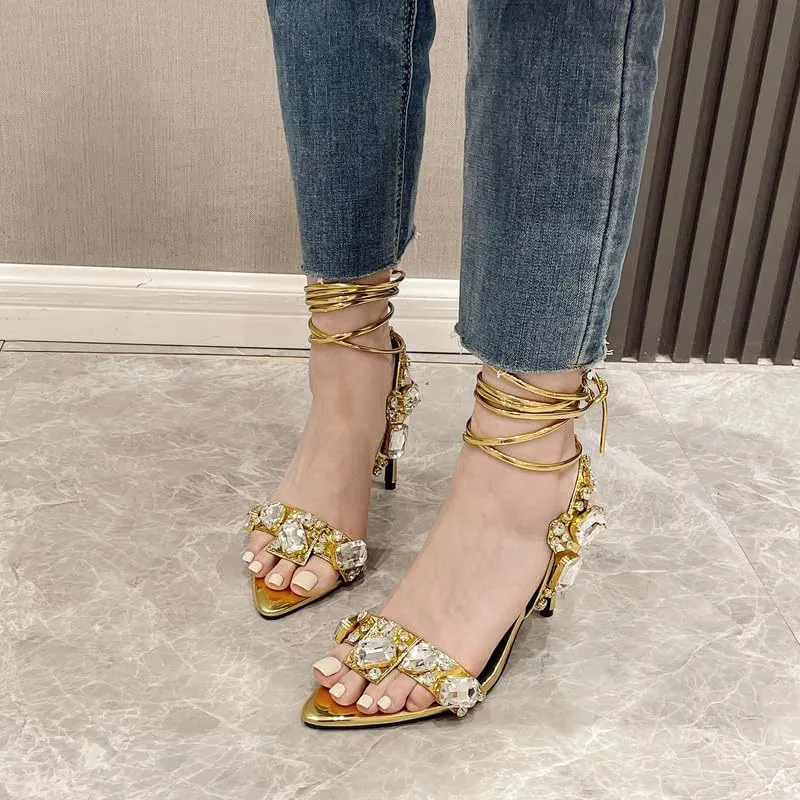 LISHAN Women's Rhinestones Studded Ankle Strappy Pointed Toe High Heels Lace Up Heeled Sandals