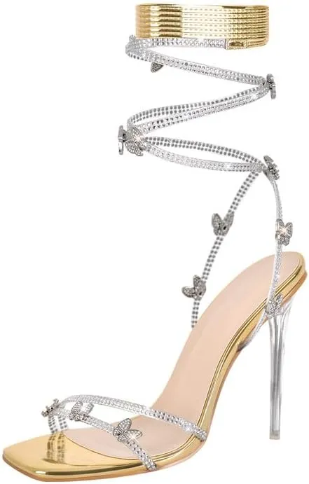 LISHAN Women's Rhinestones Studded Gladiator Lace Up Clear High Heels