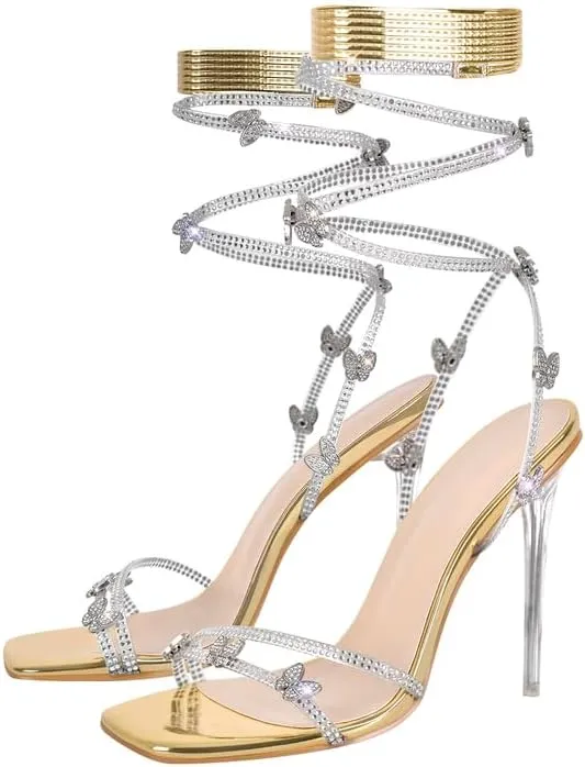 LISHAN Women's Rhinestones Studded Gladiator Lace Up Clear High Heels