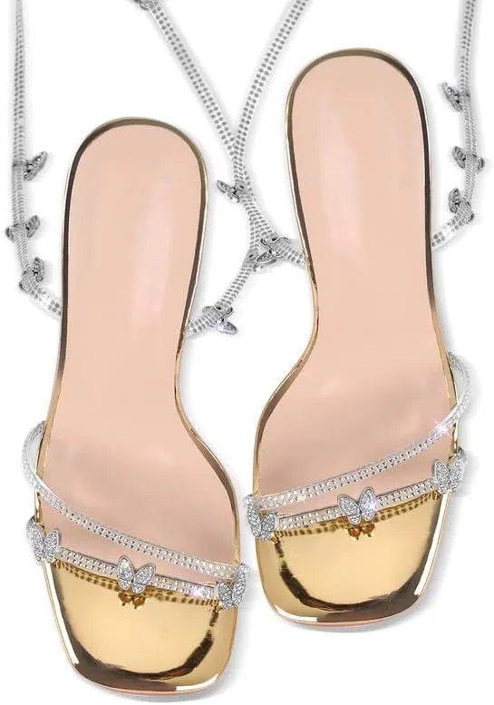 LISHAN Women's Rhinestones Studded Gladiator Lace Up Clear High Heels