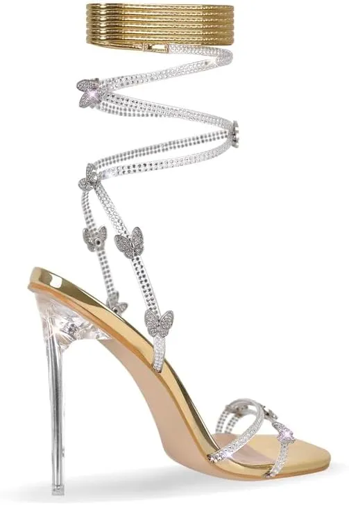 LISHAN Women's Rhinestones Studded Gladiator Lace Up Clear High Heels
