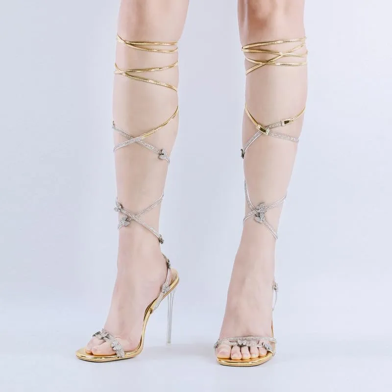 LISHAN Women's Rhinestones Studded Gladiator Lace Up Clear High Heels