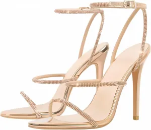 LISHAN Women's Rhinestones Studded Straps Ankle Buckle High Heels