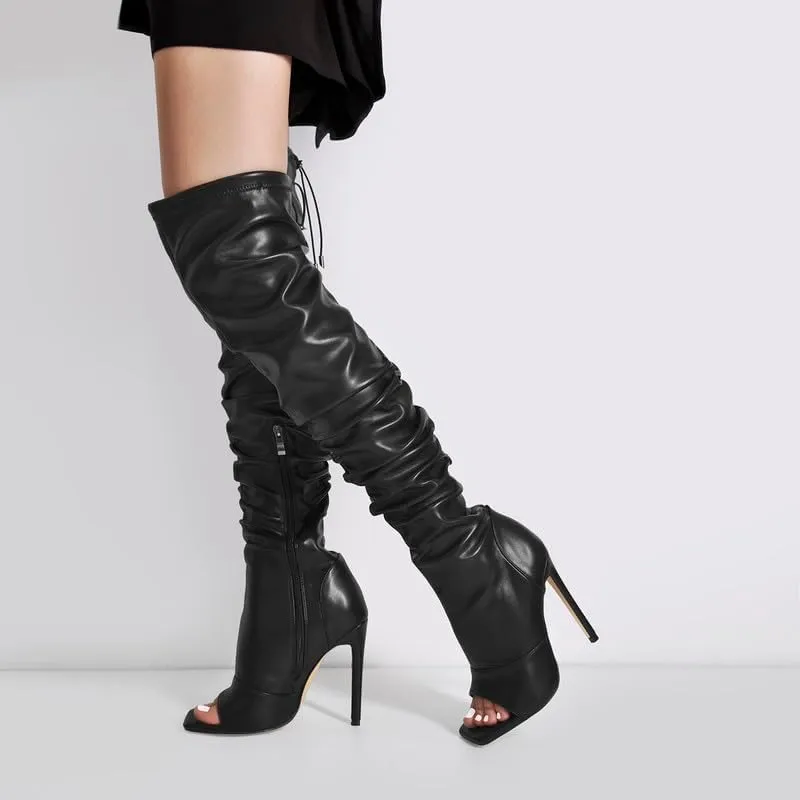 LISHAN Women's Stiletto Heel Zipper Knee/Thigh High Boots Peep/Close Toe Pull on Long Boots