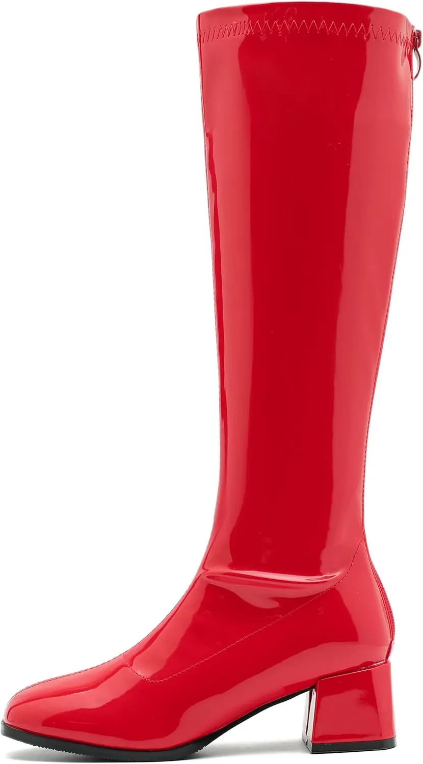 MAIERNISI JESSI Women's Gogo Boots Knee High Mid Block Heel Zipper Ladies Party Dance Boots