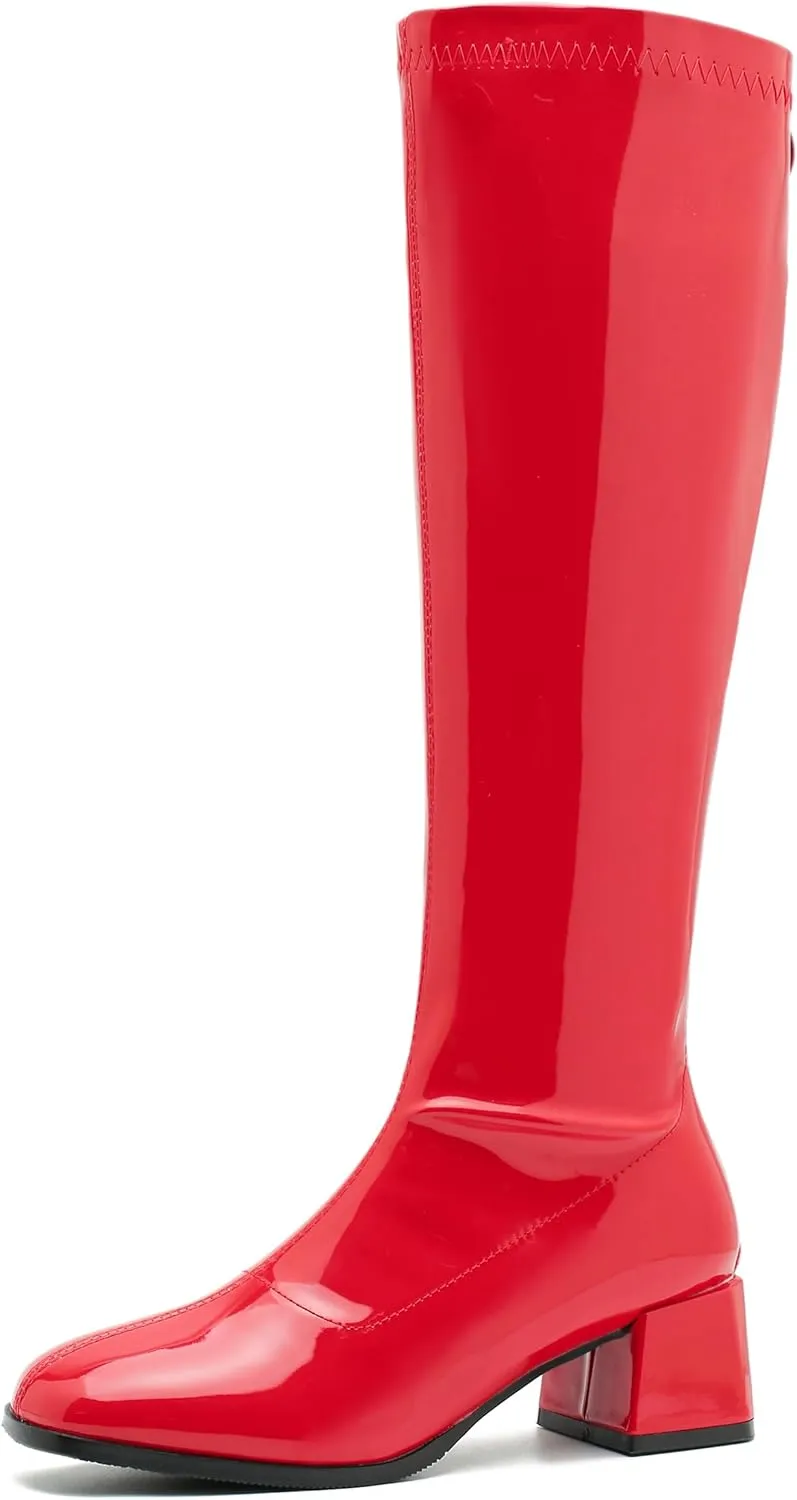 MAIERNISI JESSI Women's Gogo Boots Knee High Mid Block Heel Zipper Ladies Party Dance Boots