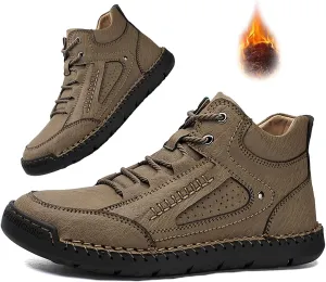 Mens Casual Loafers Shoes Ankle Chukka Boots Hand Stitching Mid top Soft Leather Lace-up Flats Oxford Walking Driving Shoes