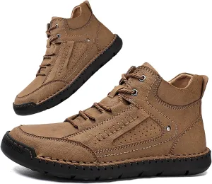 Mens Casual Loafers Shoes Ankle Chukka Boots Hand Stitching Mid top Soft Leather Lace-up Flats Oxford Walking Driving Shoes