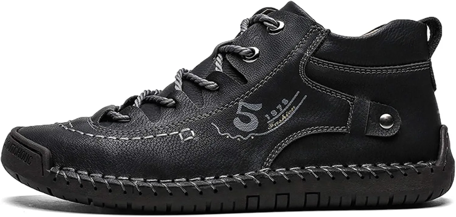 Mens Casual Oxford Shoes Flat Shoes Vintage Comfort Soft Leather Ankle Boots Lace-up Driving Shoes