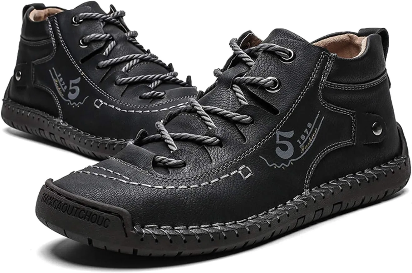 Mens Casual Oxford Shoes Flat Shoes Vintage Comfort Soft Leather Ankle Boots Lace-up Driving Shoes