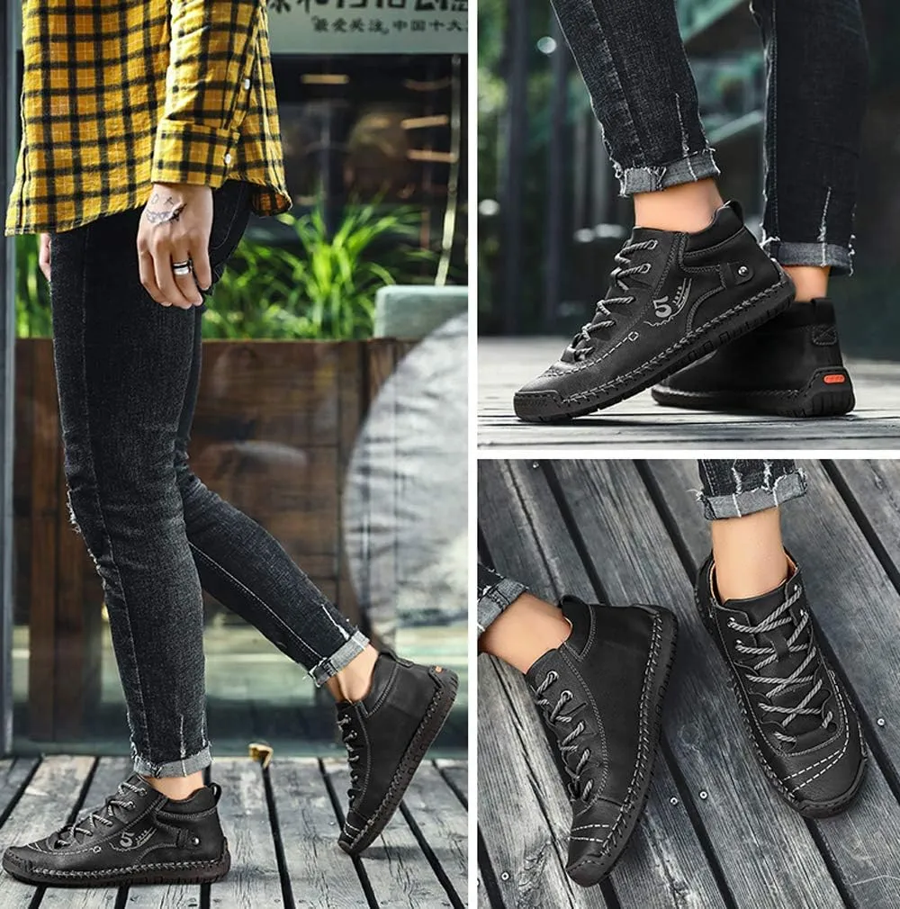 Mens Casual Oxford Shoes Flat Shoes Vintage Comfort Soft Leather Ankle Boots Lace-up Driving Shoes