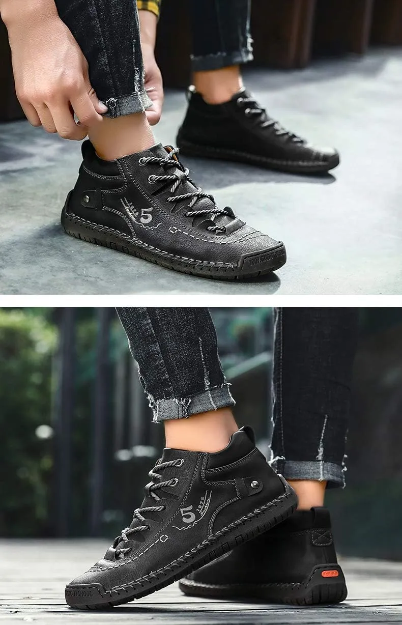 Mens Casual Oxford Shoes Flat Shoes Vintage Comfort Soft Leather Ankle Boots Lace-up Driving Shoes