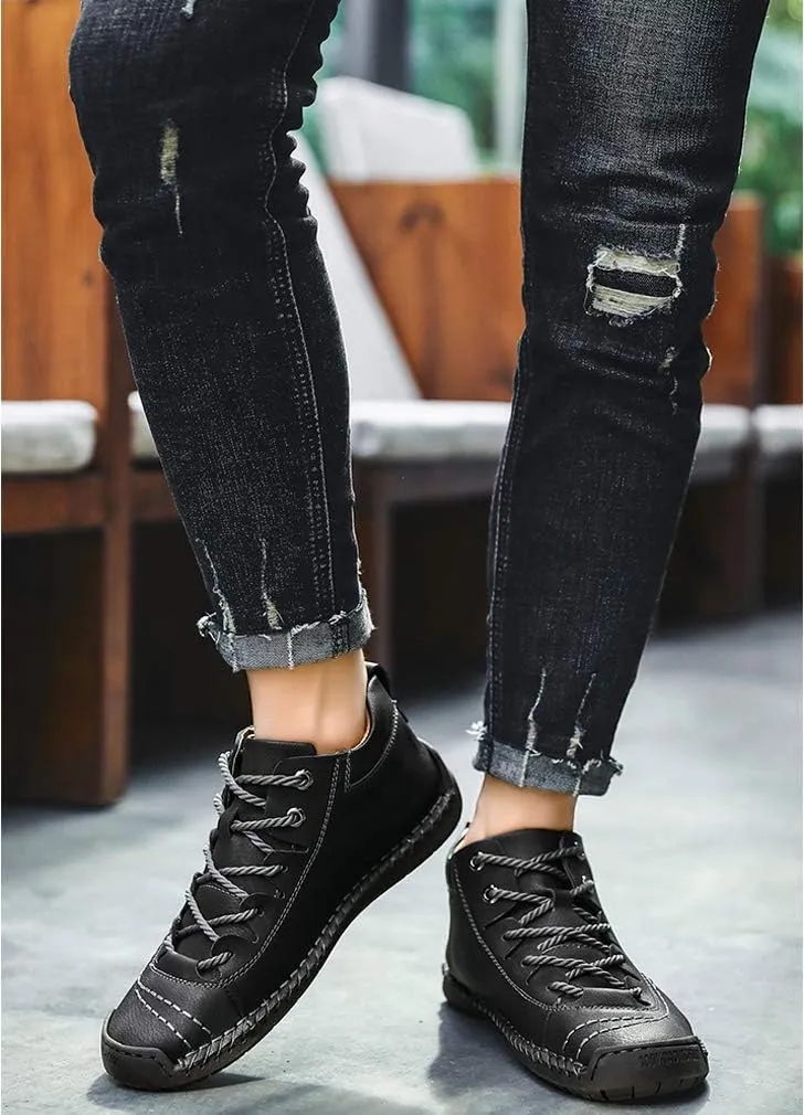 Mens Casual Oxford Shoes Flat Shoes Vintage Comfort Soft Leather Ankle Boots Lace-up Driving Shoes